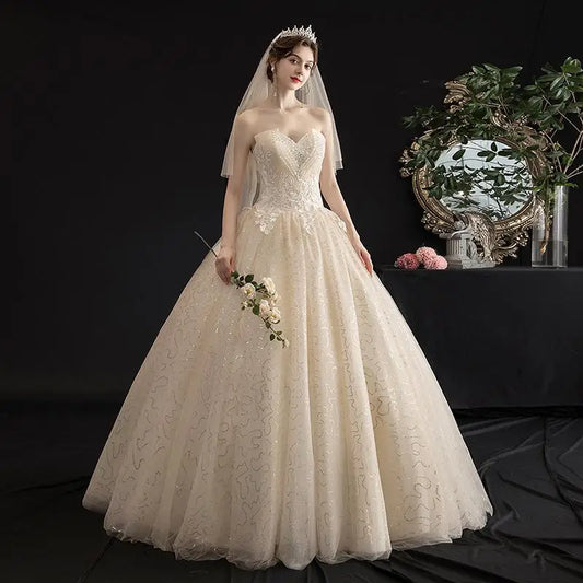 New Korean Lace Strapless Sexy Dubai Wedding Dresses Spring Bridal Gown Cheap Wedding Gowns