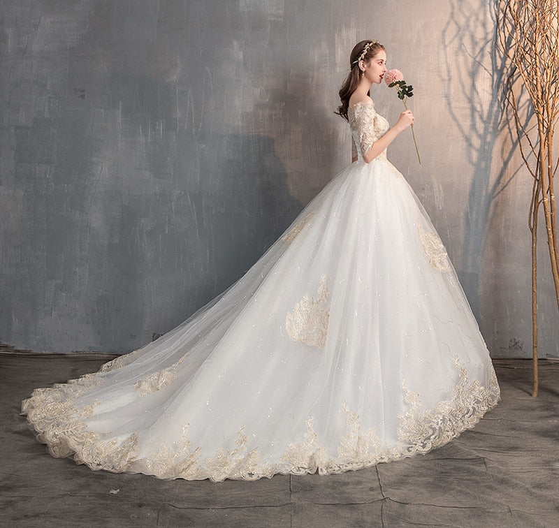 Off The Shoulder Half Sleeve Wedding Gown Lace