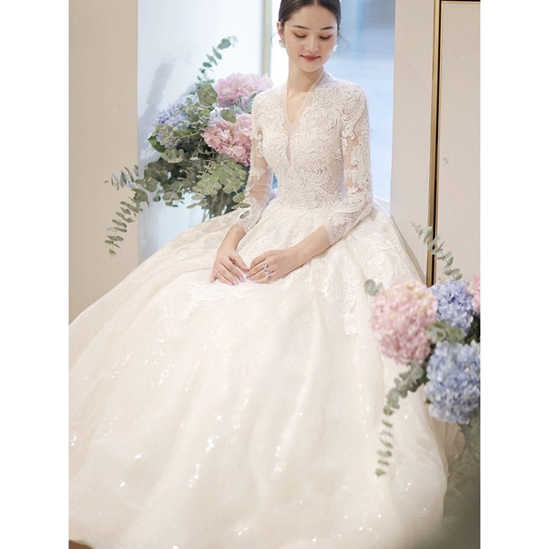 Long Sleeve New Winter V-neck Flower Ball Gown Dresse