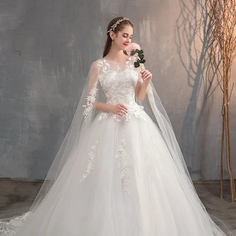 Long Cap Lace Wedding Gown With Long Train Embroidery Bridal Dress