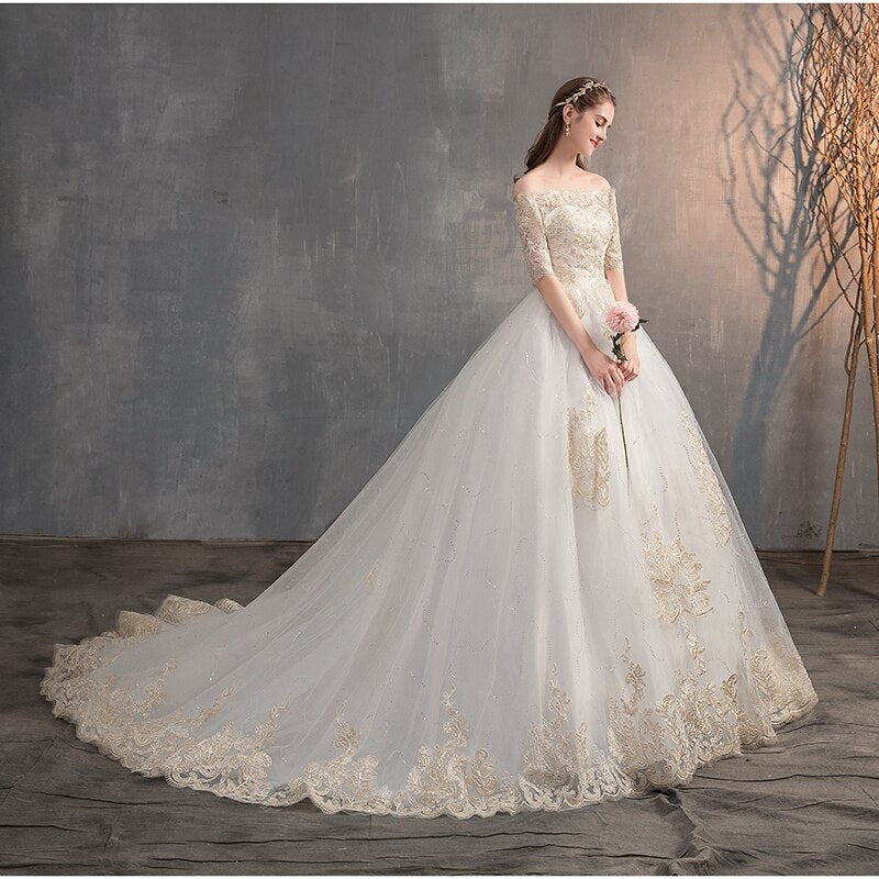 Off The Shoulder Half Sleeve Wedding Gown Lace