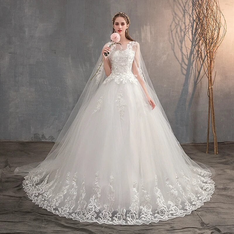 Long Cap Lace Wedding Gown With Long Train Embroidery Bridal Dress