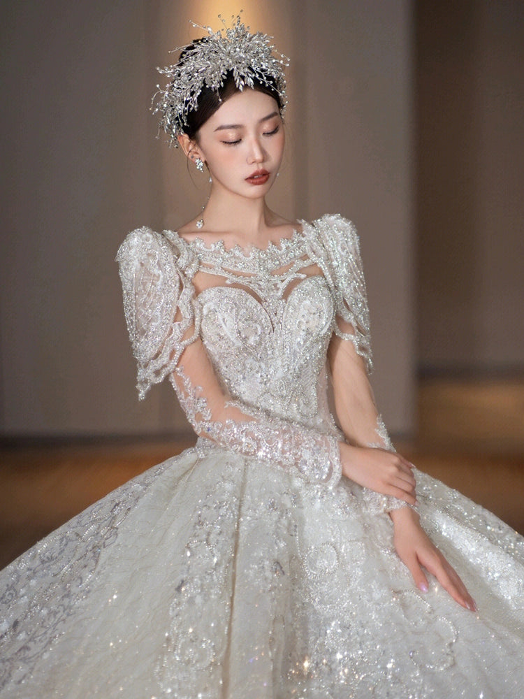 Long-Sleeved Super-Heavy Luxury French Royal Style Wedding Dress