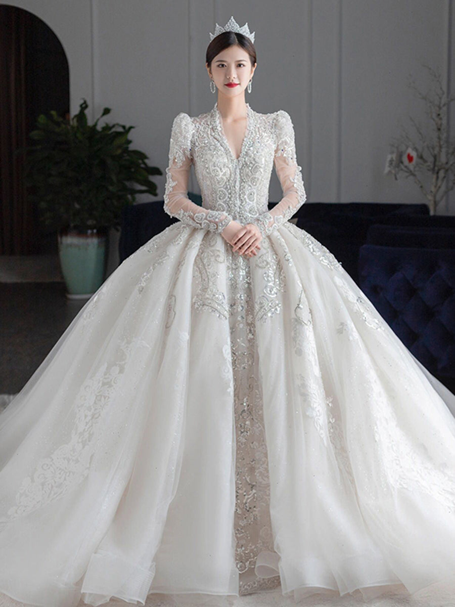 Luxury Bedading Long Sleeve Winter Wedding Dress  V Neck