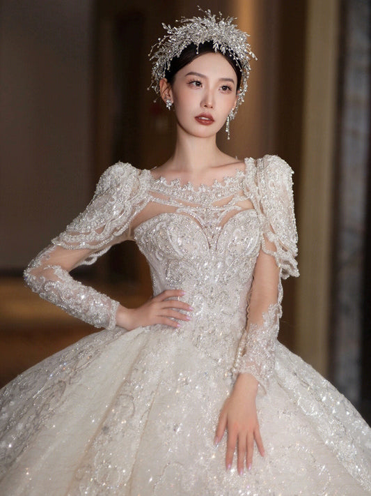 Long-Sleeved Super-Heavy Luxury French Royal Style Wedding Dress