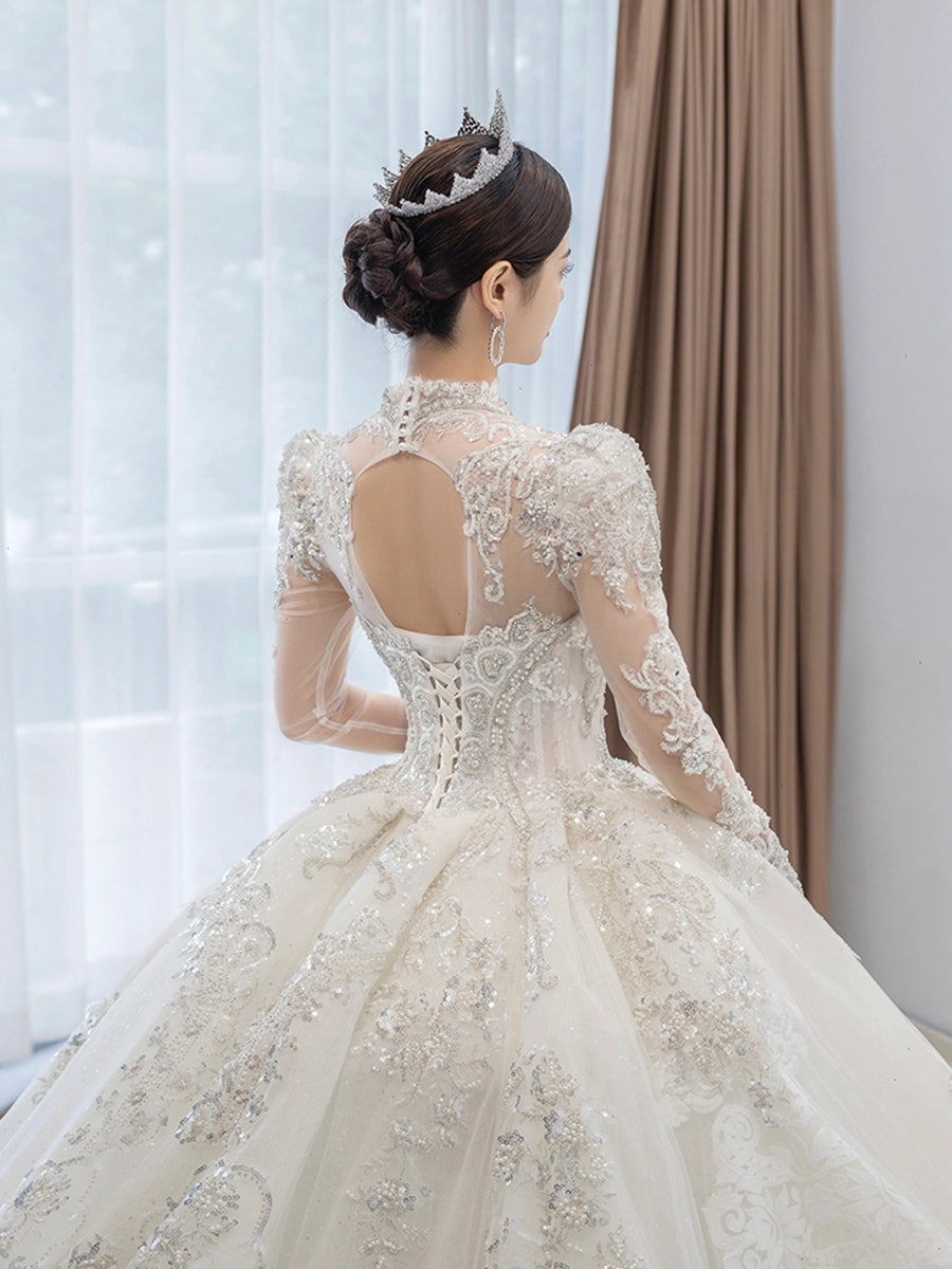 Luxury Bedading Long Sleeve Winter Wedding Dress  V Neck