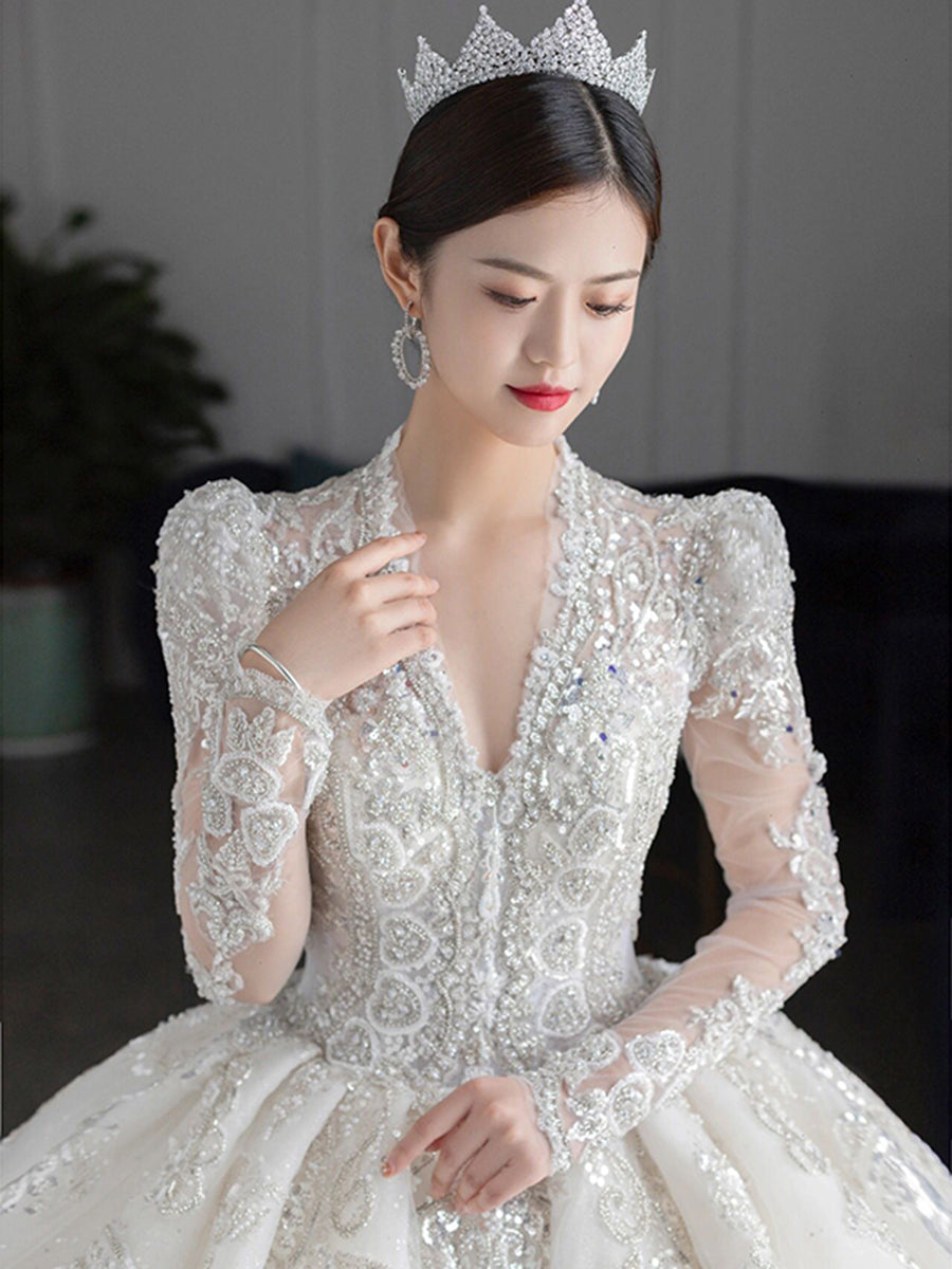 Luxury Bedading Long Sleeve Winter Wedding Dress  V Neck