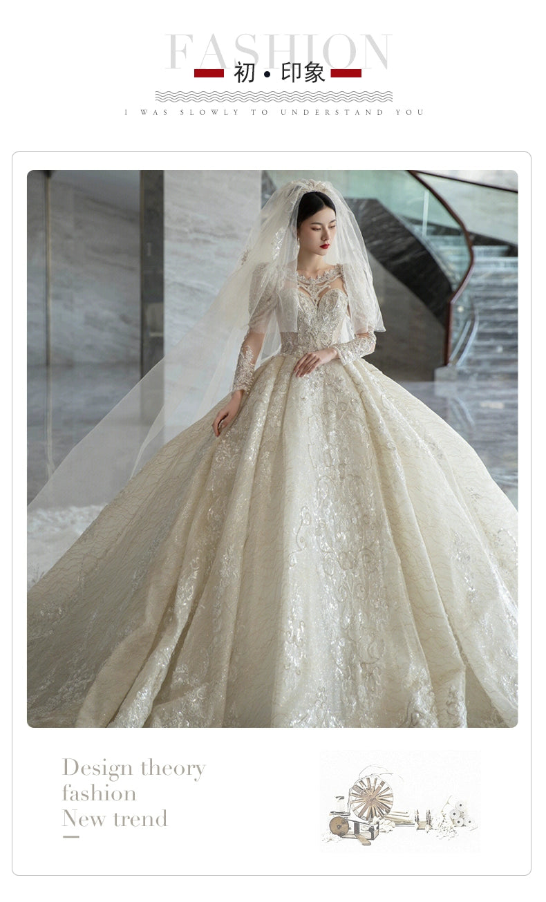 Long-Sleeved Super-Heavy Luxury French Royal Style Wedding Dress