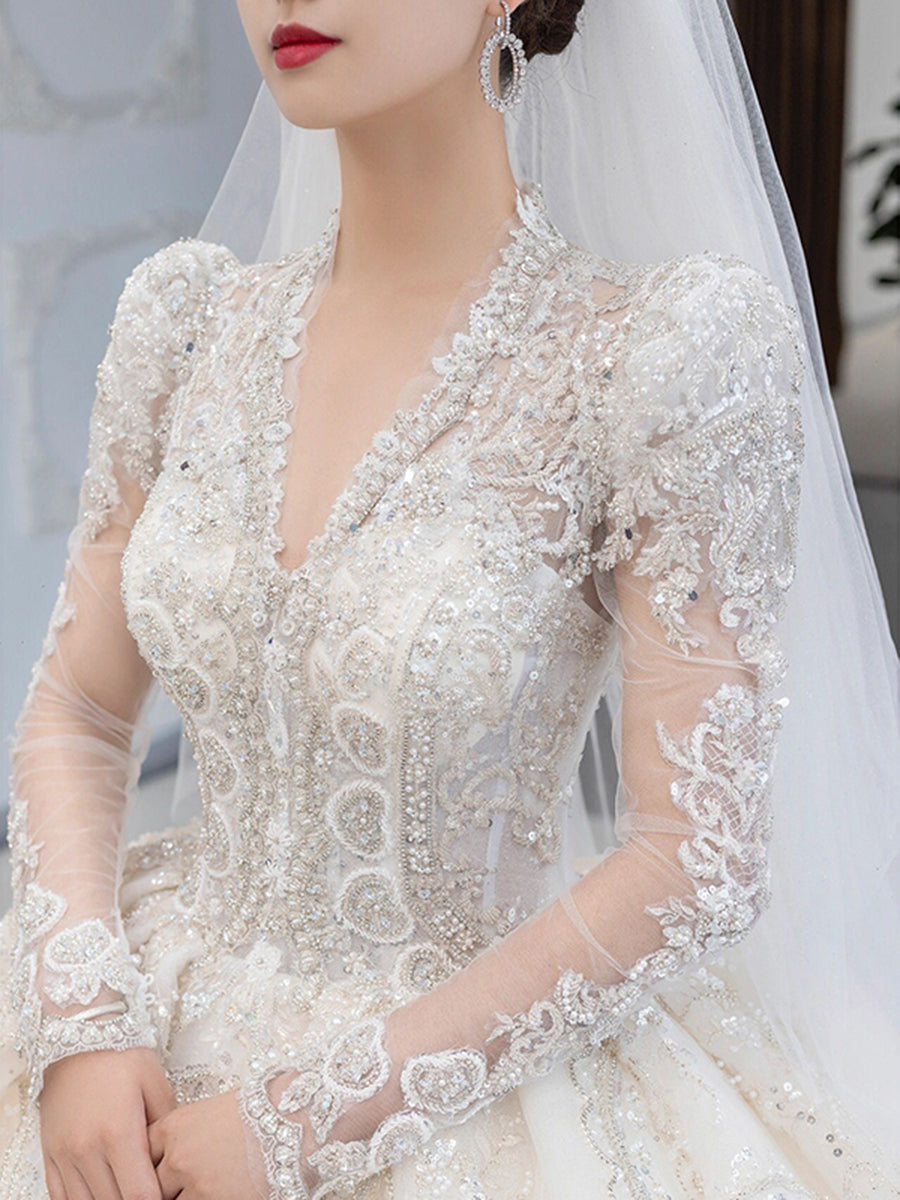 Luxury Bedading Long Sleeve Winter Wedding Dress  V Neck