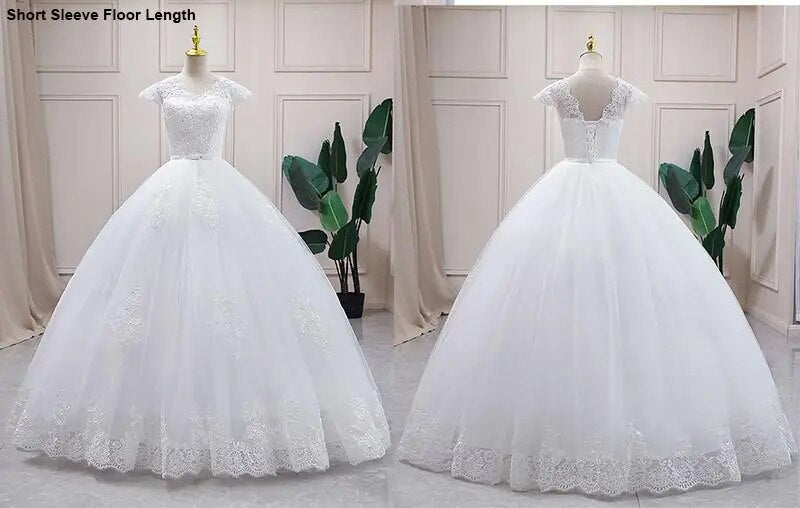 Lace V Neck Ball Gown Wedding Dresses Short Sleeve Gowns