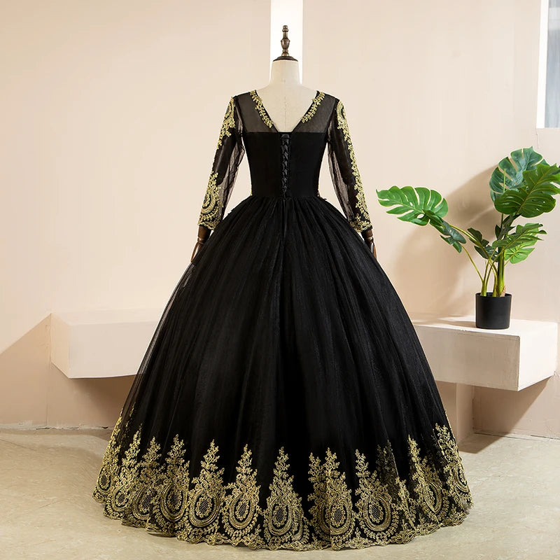 Long Sleeve Quinceanera Dresses Black With Gold Appliques Lace Prom Ball Gown