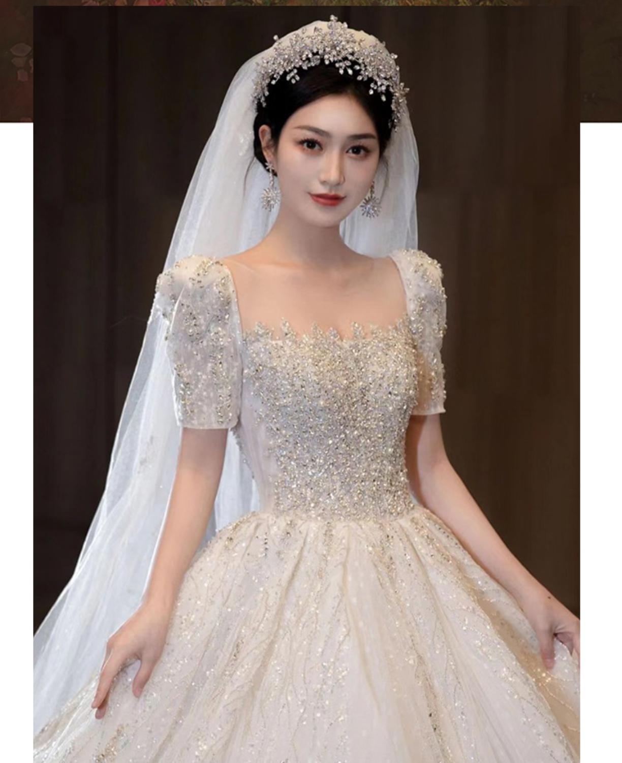 Short Sleeve Beading Wedding Dress Big Train Bride Dresses Tuller Ball Gown