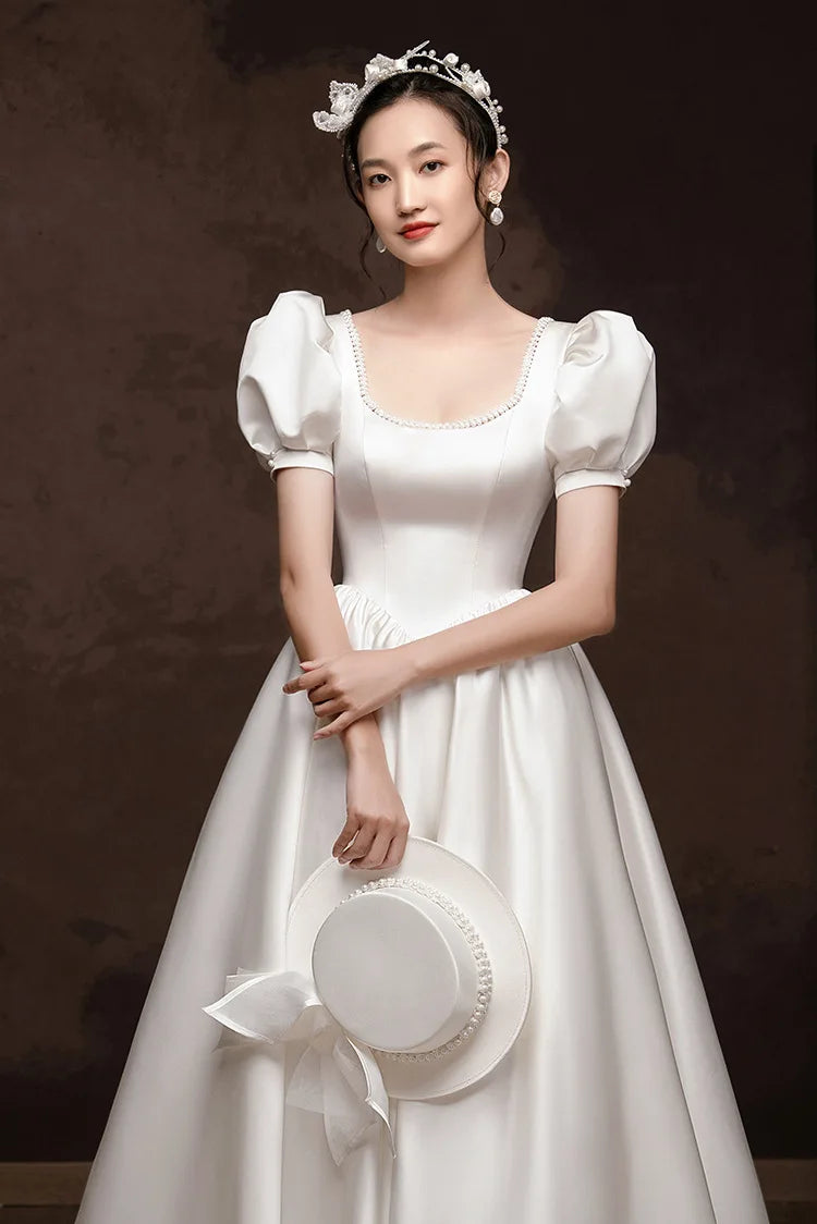 French Style White Satin Puff Sleeve Backless Lace Up Floor Length Gowns