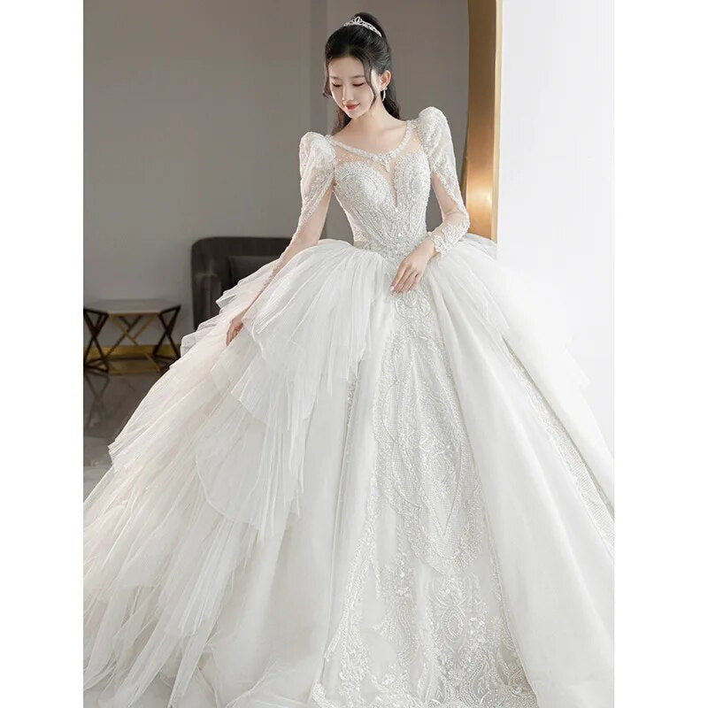 off white Plus Size Wedding Dresses Long Sleeve Luxury CRYSTAL Edge