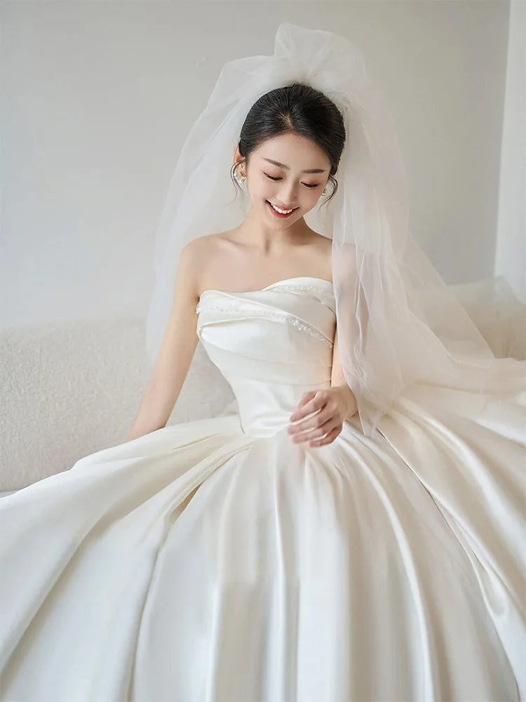 Elegant Satin Ball Gown Wedding Dresses Strapless Court Train