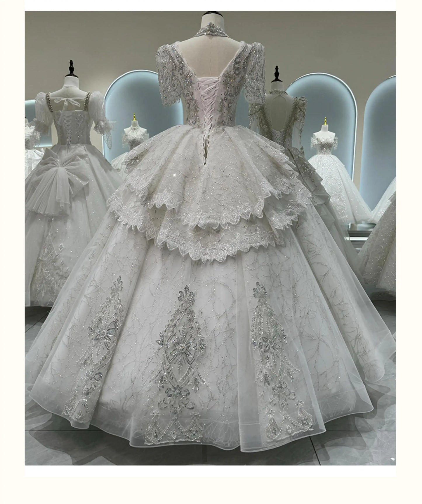 Wedding Dresses V-neck Organza Lace Appliques Handmade Beading Gowns