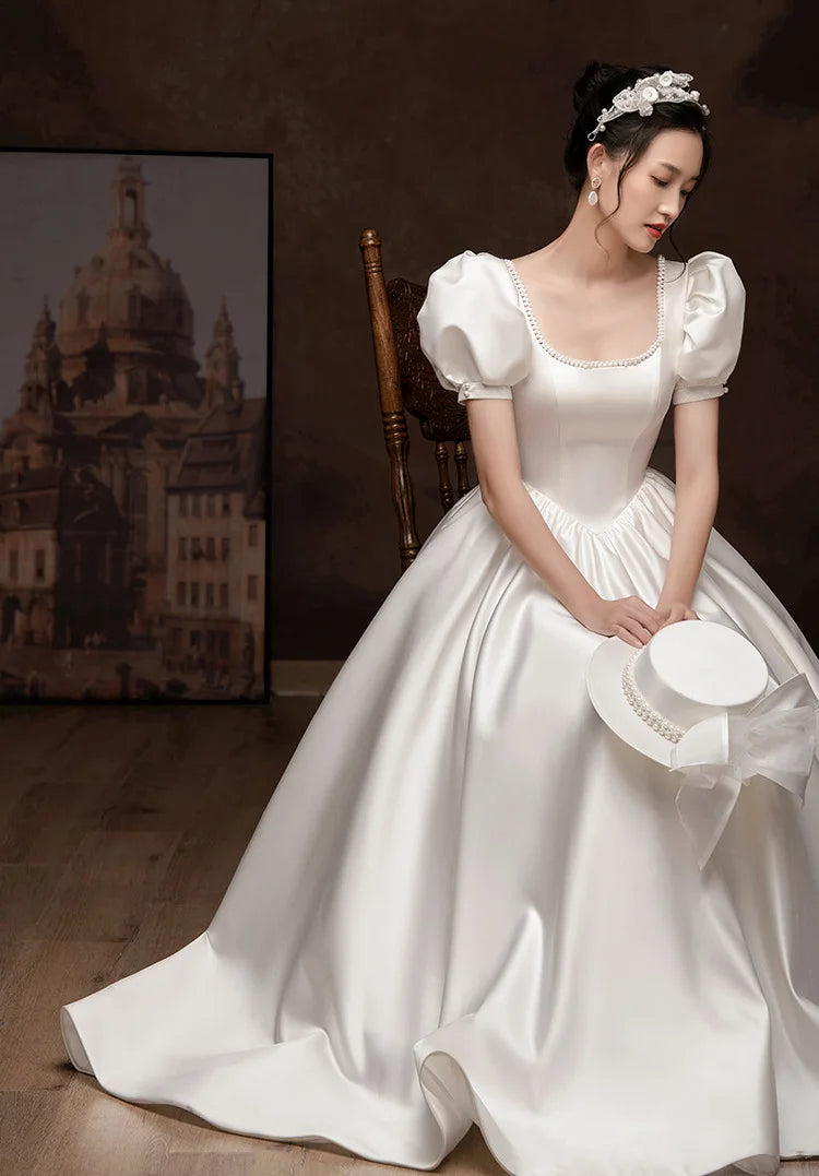 French Style White Satin Puff Sleeve Backless Lace Up Floor Length Gowns