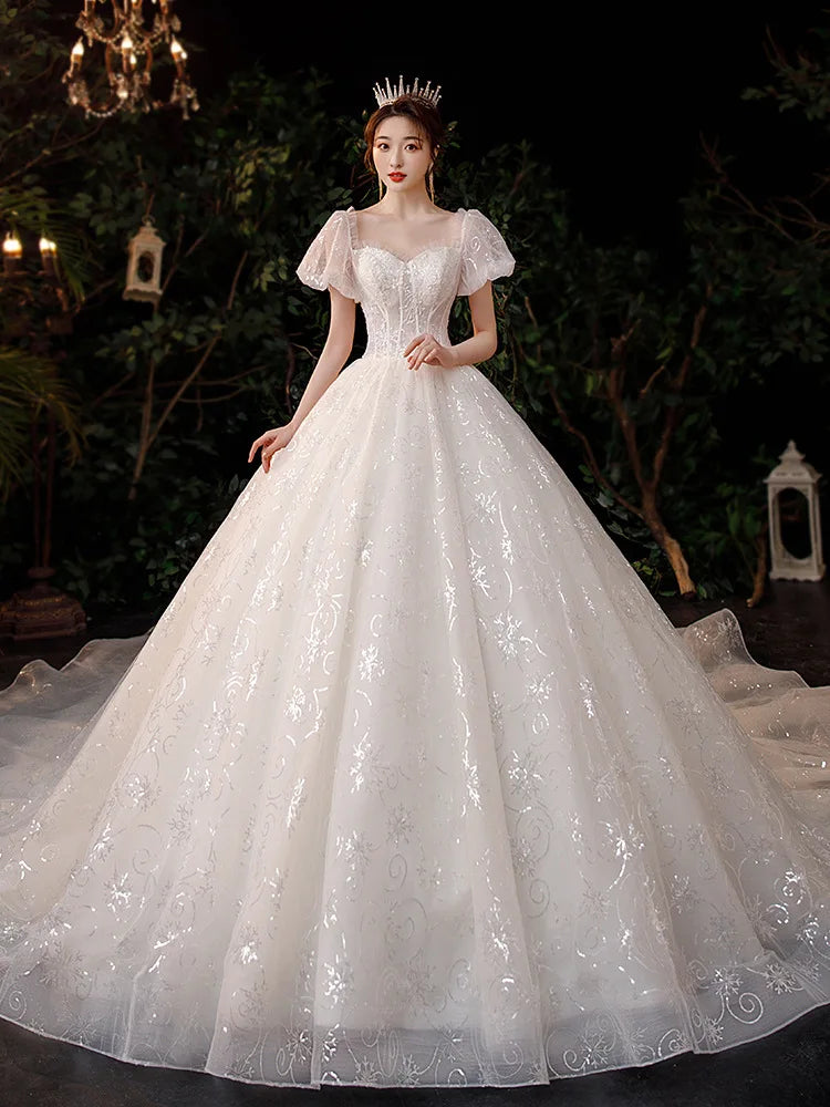 White Women Wedding Dresses Sequins Ball Gown