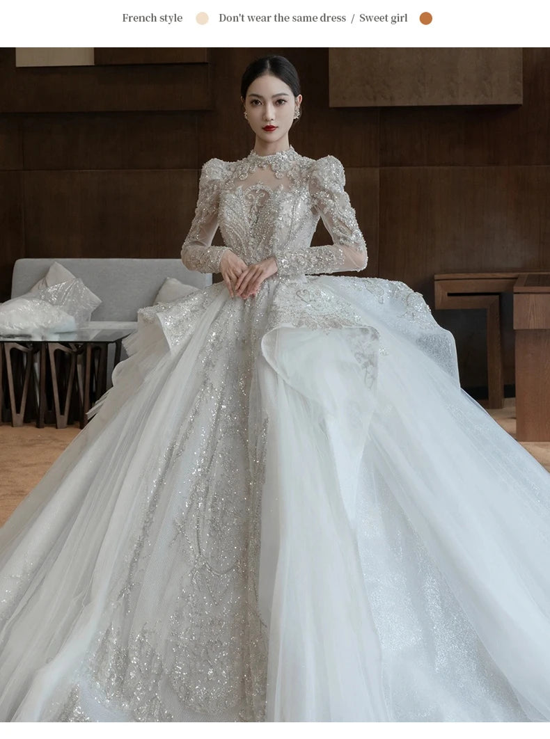 Long Sleeve Wedding Dress High Neck Backless Bride Dress Sexy Luxury Blingbling Wedding Gowns