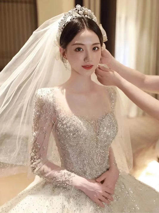 Boat Neck Full Sleeve Lace Applique Bridal Dress Sweep Train