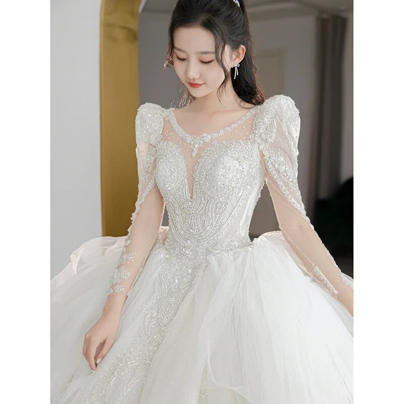 off white Plus Size Wedding Dresses Long Sleeve Luxury CRYSTAL Edge