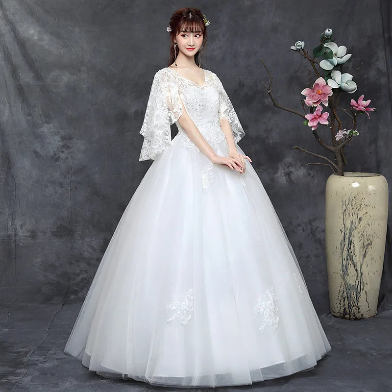 White Ball Gown Women Wedding Dresses Tulle Lace V Neck Bridal Gowns