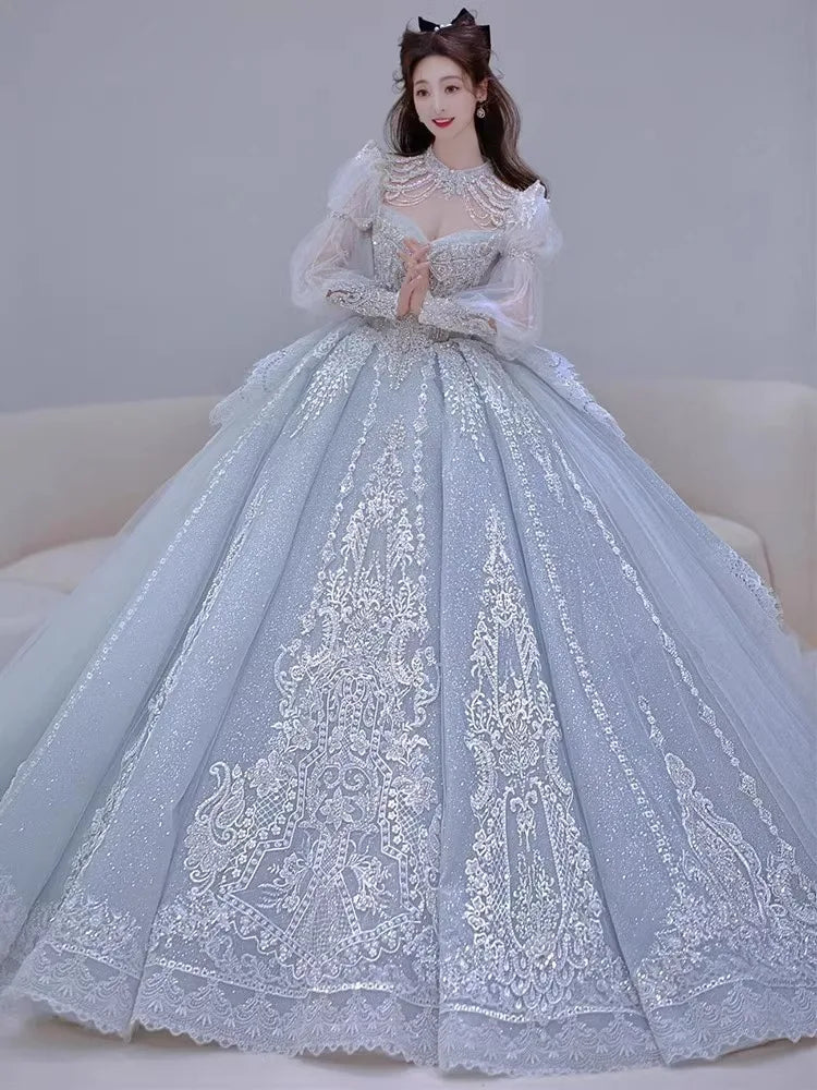 Long Sleeved Exquisite Shiny light blue Wedding Dress Embroidered Lace Sequined Vintage Bridal Gown With Bow And Beading