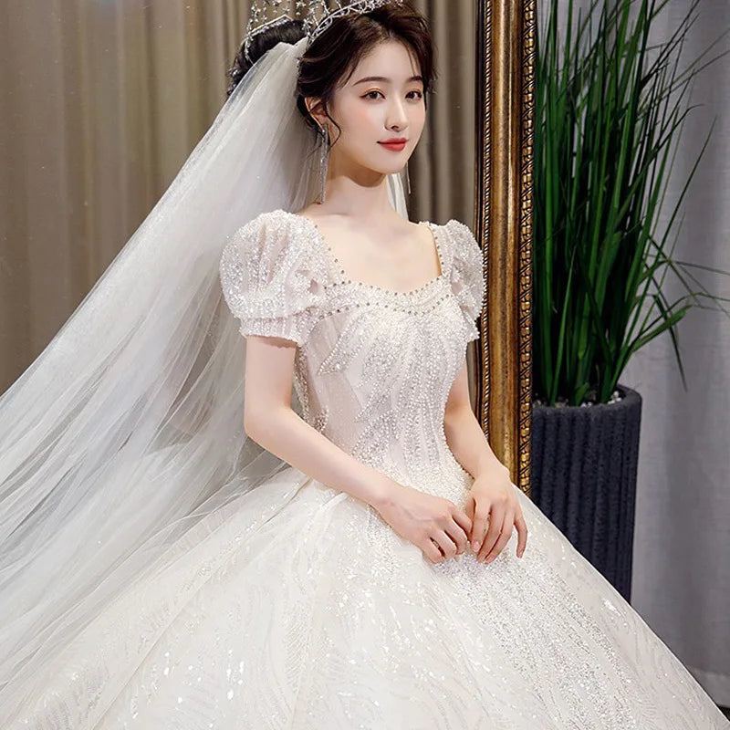 High End Bling Bling Women Sequins Short Sleeves Ball Gown