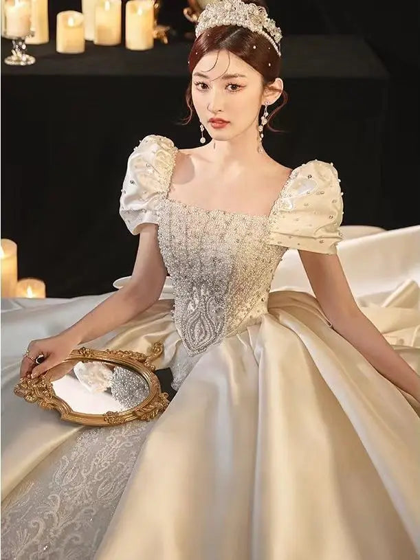 Satin Shining Luxury Boat-neck Bridal Dresses Bow Princess Party Ball Gown