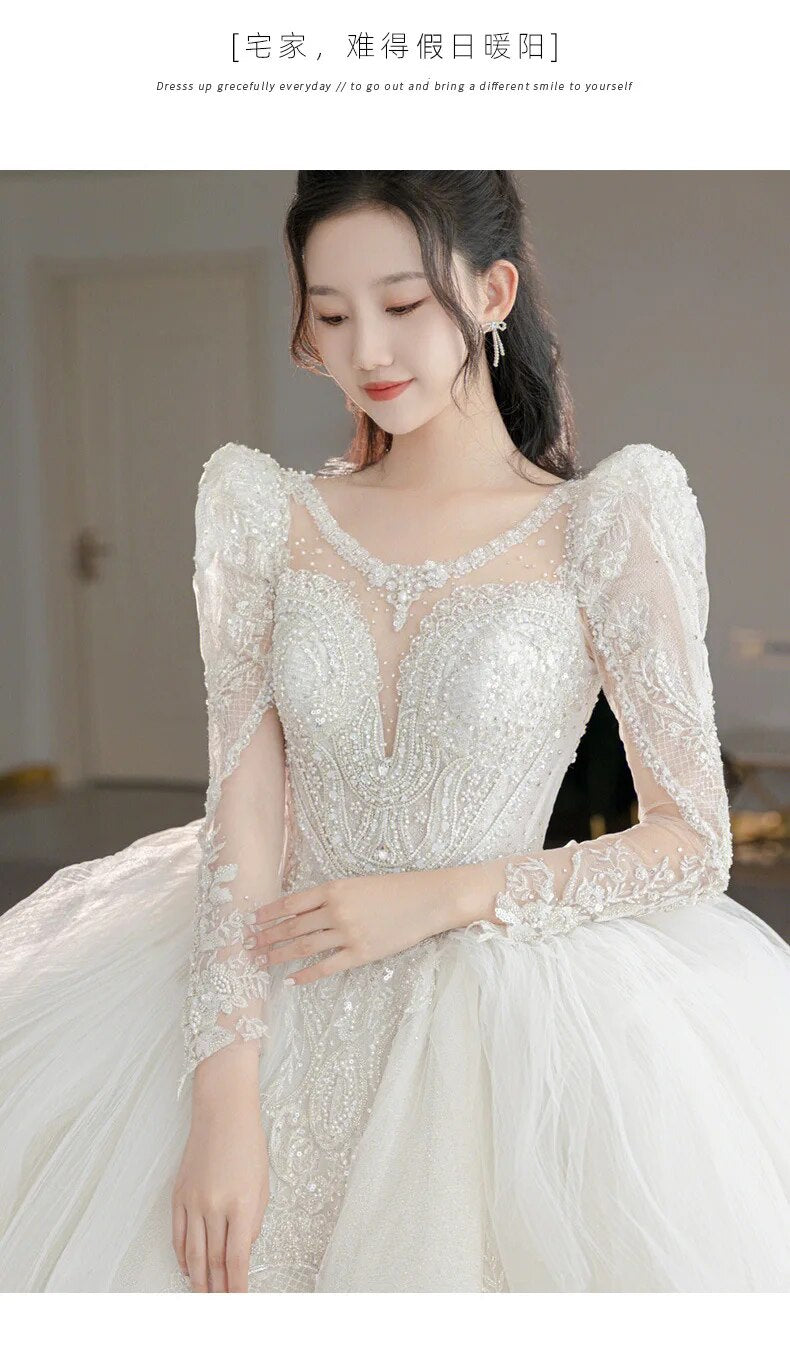 off white Plus Size Wedding Dresses Long Sleeve Luxury CRYSTAL Edge