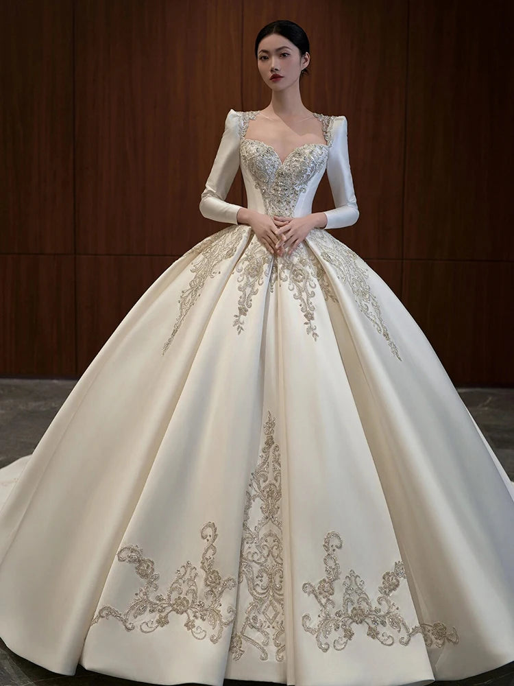 Exquisite Wedding Dress Long Sleeve Satin Embroidery Simple Elegant Bridal Gowns