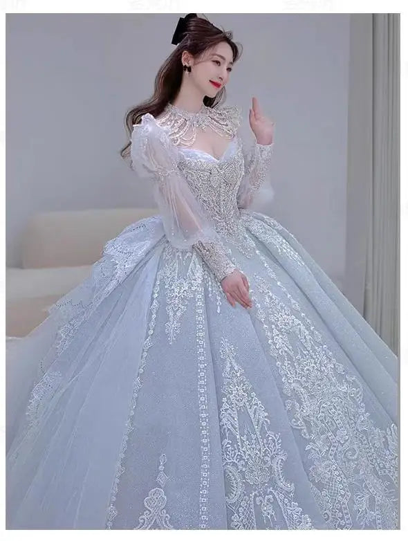 Long Sleeved Exquisite Shiny light blue Wedding Dress Embroidered Lace Sequined Vintage Bridal Gown With Bow And Beading