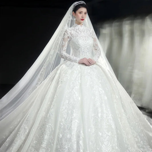 Long Sleeved Tradition style lace Embroidery Starry Princess Ball Gowns