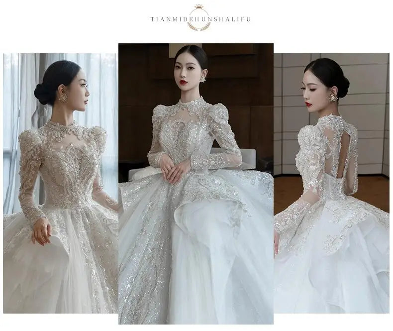 Long Sleeve Wedding Dress High Neck Backless Bride Dress Sexy Luxury Blingbling Wedding Gowns