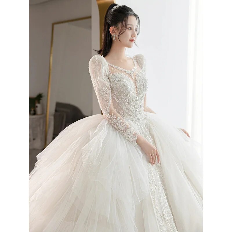 off white Plus Size Wedding Dresses Long Sleeve Luxury CRYSTAL Edge