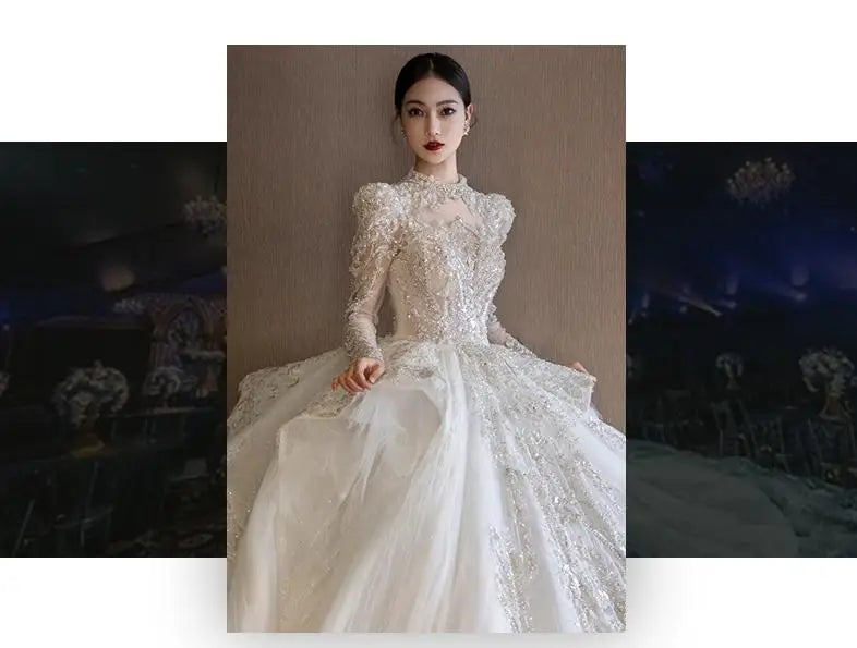 Long Sleeve Wedding Dress High Neck Backless Bride Dress Sexy Luxury Blingbling Wedding Gowns