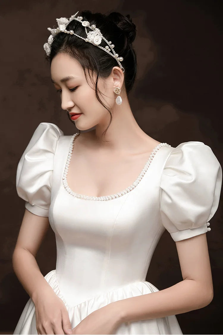 French Style White Satin Puff Sleeve Backless Lace Up Floor Length Gowns