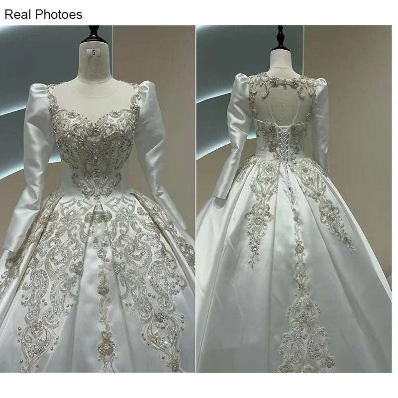 Exquisite Wedding Dress Long Sleeve Satin Embroidery Simple Elegant Bridal Gowns