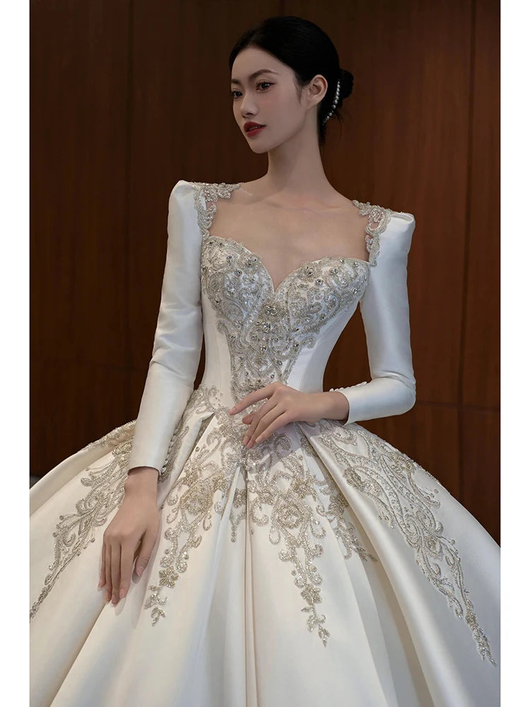 Exquisite Wedding Dress Long Sleeve Satin Embroidery Simple Elegant Bridal Gowns