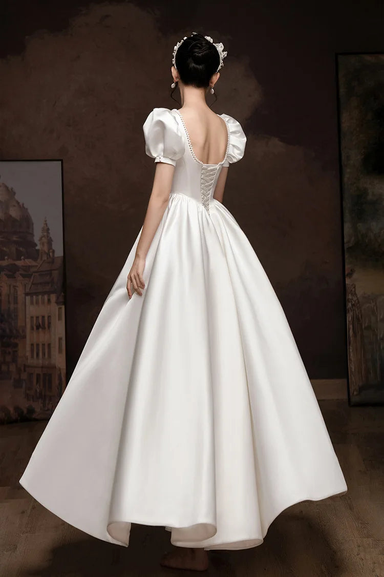 French Style White Satin Puff Sleeve Backless Lace Up Floor Length Gowns