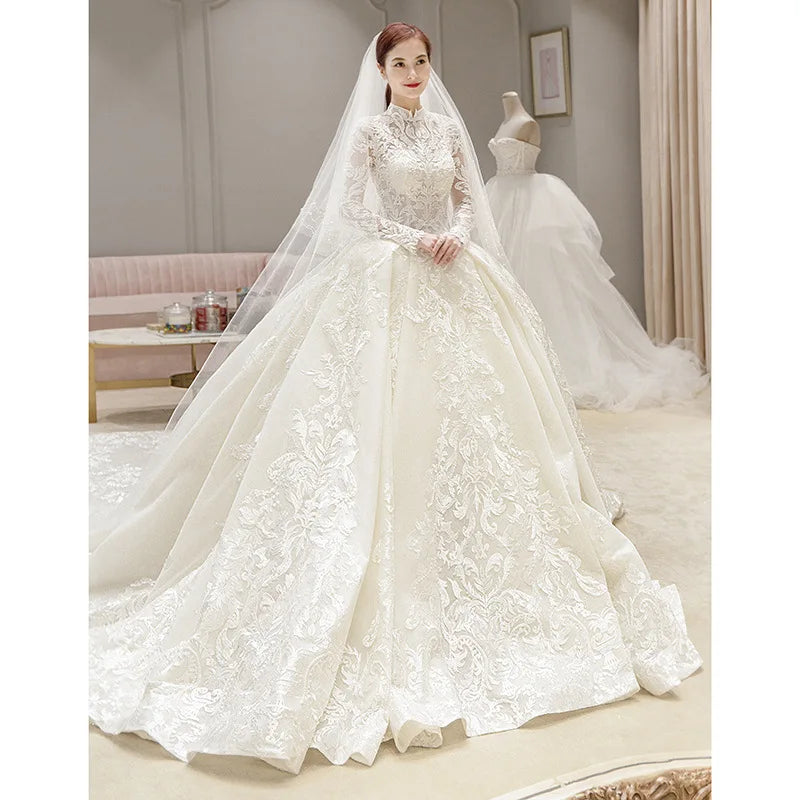 Long Sleeved Tradition style lace Embroidery Starry Princess Ball Gowns