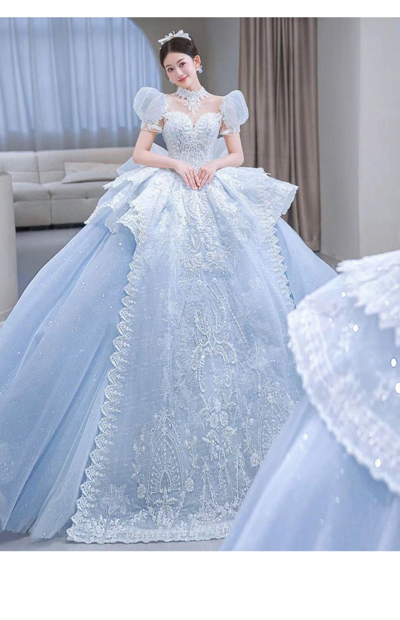 Snow Blue Princess Luxury Wedding Dress 2023 New O-neck Sexy Lace Up A –  Elleseal