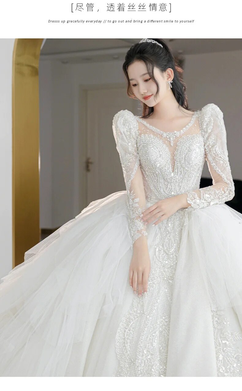 off white Plus Size Wedding Dresses Long Sleeve Luxury CRYSTAL Edge