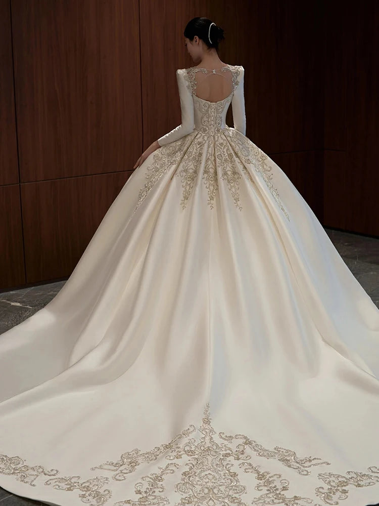 Exquisite Wedding Dress Long Sleeve Satin Embroidery Simple Elegant Bridal Gowns