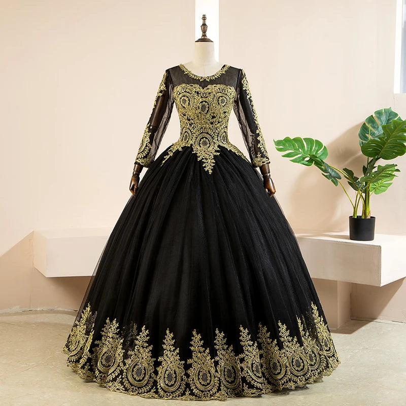 Long Sleeve Quinceanera Dresses Black With Gold Appliques Lace Prom Ball Gown