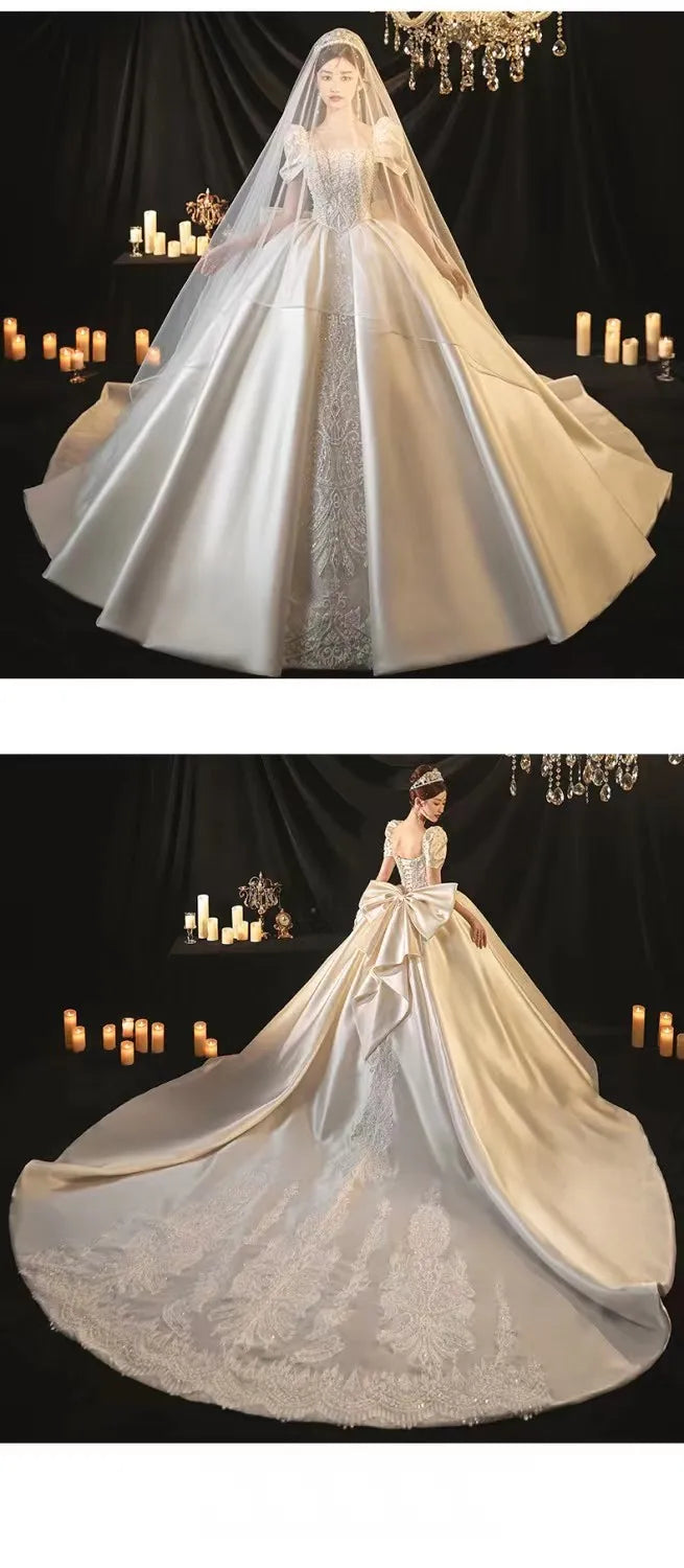 Satin Shining Luxury Boat-neck Bridal Dresses Bow Princess Party Ball Gown