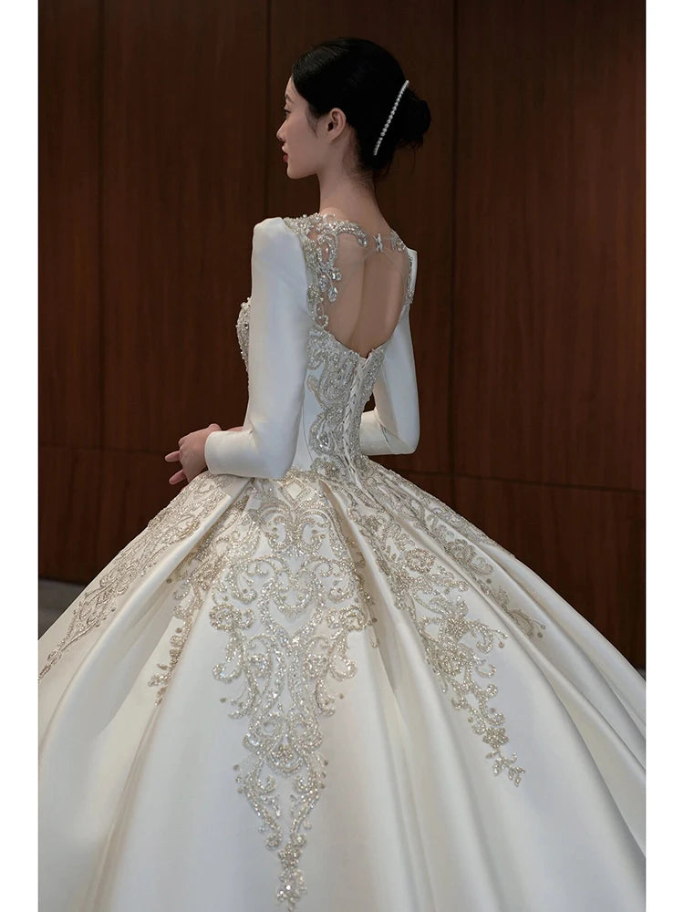 Exquisite Wedding Dress Long Sleeve Satin Embroidery Simple Elegant Bridal Gowns