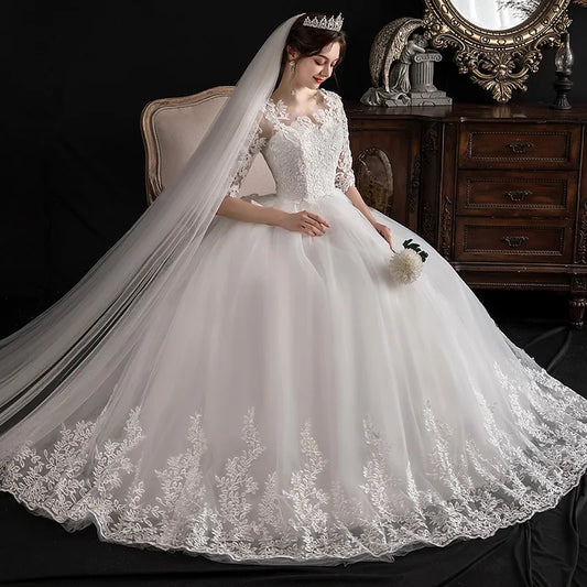 Elegant Ball Gown Dresses Appliques Half Sleeves Bridal Gowns