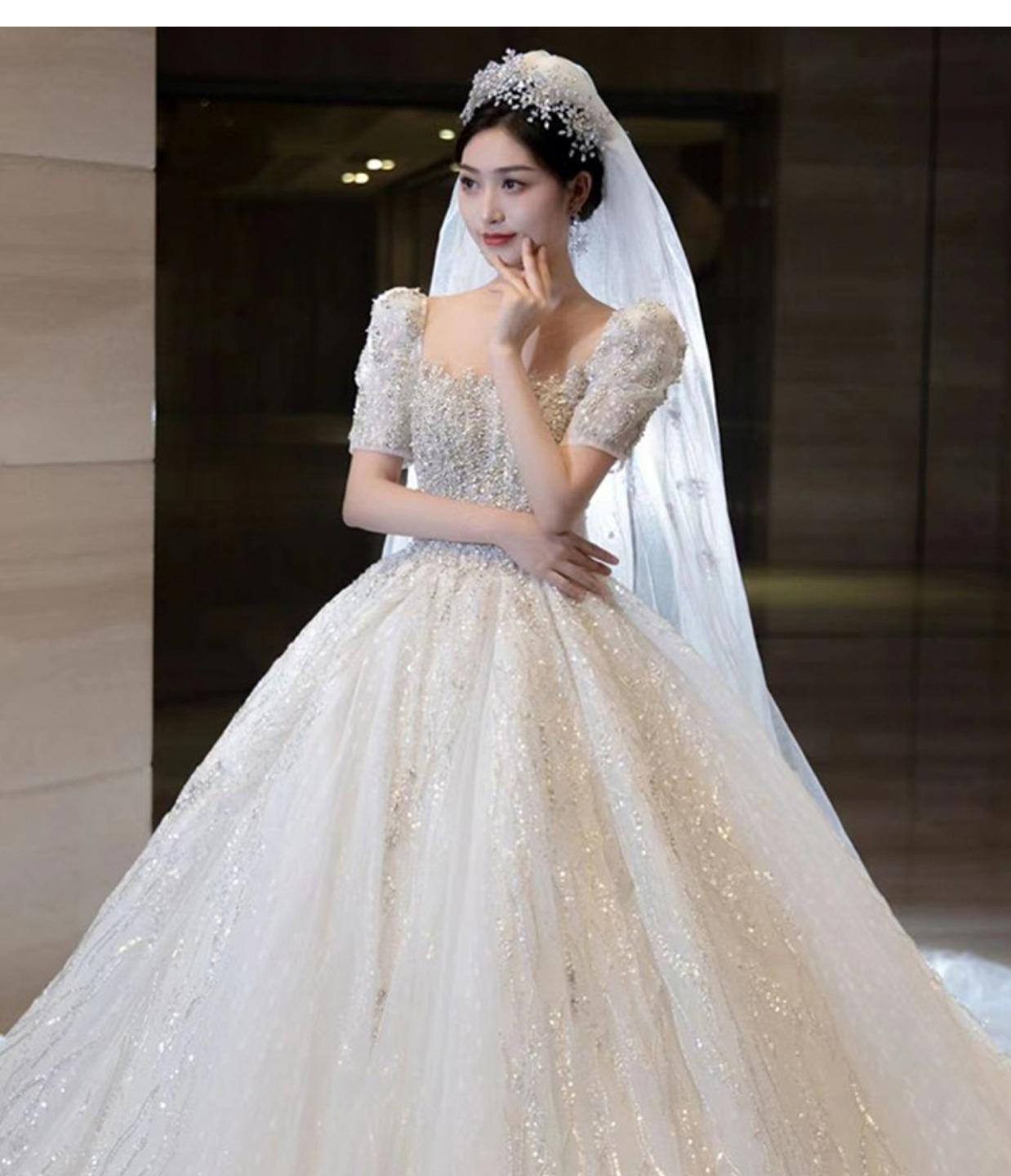 Short Sleeve Beading Wedding Dress Big Train Bride Dresses Tuller Ball Gown