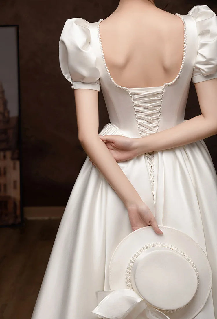 French Style White Satin Puff Sleeve Backless Lace Up Floor Length Gowns